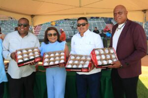 1- Diógenes De la Cruz hace entrega de varias a docenas de pelotas a la senadora Aracelis Villanueva, Miguel Angel Marte y José Canó
